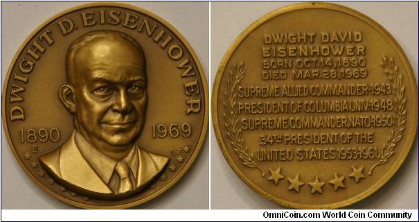 Dwight D Eisenhower commemorative coin, issued along with First Day of Issue Postage stamp of the president.  High relief 40 mm x 6 mm, Bronze