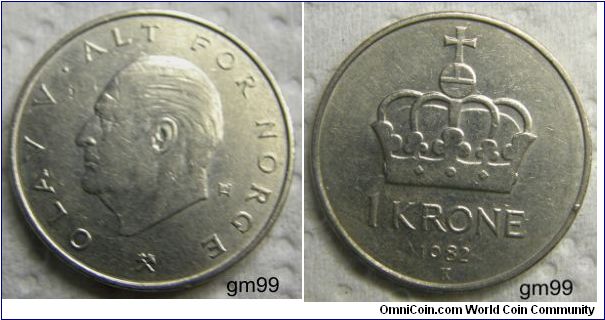 1 Krone (Copper-Nickel) : 1974-1991
OBVERSE: Head of Olaf V left,
 OLAV V ALT FOR NORGE
REVERSE: Crown over legend,
1 KRONE date