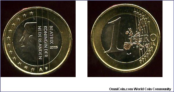 1 euro 
Queen Beatrix, her title vertically shown as in the former guilder coin
Map of EU