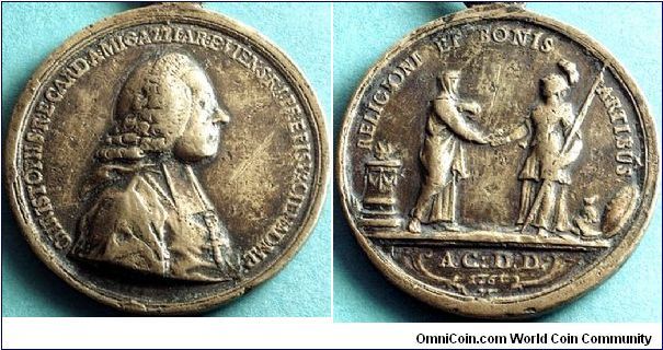 1761, Austria, Vienna. Cardinal Anton Migazzi. Inauguration Medal.
Obverse: Bust of the statesman right.
Legend: CHRISTOPH S:R:E CARD :A: MIGAZZI .AR :E. VIEN :S:R:I:PR: EPISK. CIEN. ADMD  Height: 62mm (incl. Loop)
Mint Master: G. A. Toda.
Material: Bronze
Diameter: 50mm 
Weight: 45.9gm