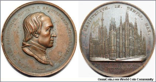 The Inauguration of the Milan Cathedral Aug 18th 1818.
Carlo Gaetano Gaisruck (also known as Karl Kajetan Gaisruck)    Archbishop of Milan. Reverse shows view of Milan cathedral.
Bronze 45mm by Francesco Putinati.