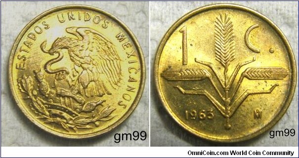 CENTAVO, BRASS. OBVERSE: NATIONAL ARMS, EAGLE LEFT.REVERSE: OAK SPRIGS, 1C. DATE