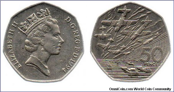 1994 50 pence - digs on Queen's face