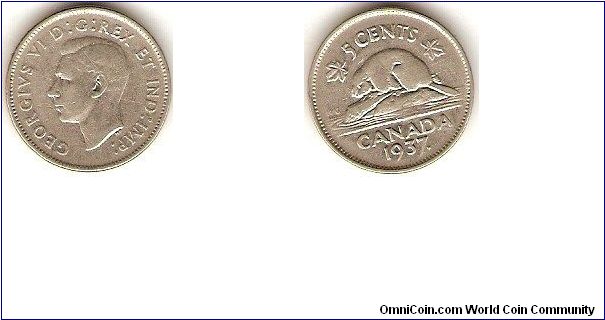 5 cents
George VI
nickel
1937dot