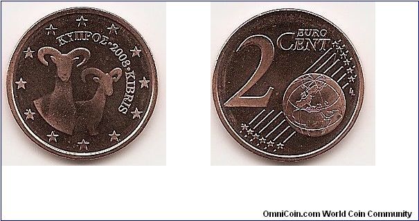 2 Euro cents
KM#79
3.0300 g., Copper Plated Steel, 18.70 mm. Obv: Two Mouflons
Rev: Large value at left, globe at lower right Edge: Plain