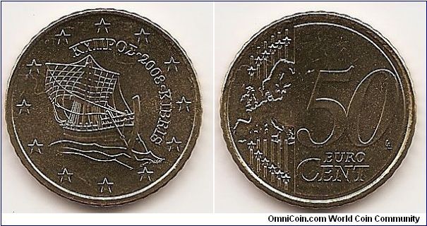 50 Euro cents
KM#83
7.8100 g., Brass, 24.20 mm. Obv: Early sailing boat Rev: Modified
outline of Europe at left, large value at right Edge: Reeded