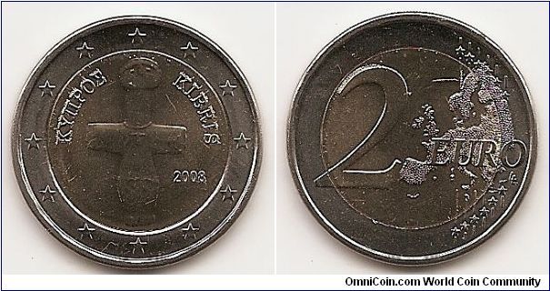 2 Euro
KM#85
8.5200 g., Bi-Metallic, 25.70 mm. Obv: Ancient statue wearing
a cross found in Soloi Rev: Large value at left, modified outline
of Europe at right