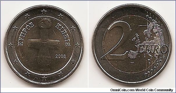 2 Euro
KM#85
8.5200 g., Bi-Metallic, 25.70 mm. Obv: Ancient statue wearing
a cross found in Soloi Rev: Large value at left, modified outline
of Europe at right