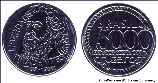Brazil, 5000 cruzeiros, 1992, Steel, 1792-1992, 200th Anniversary of the Death of Tiradentes.                                                                                                                                                                                                                                                                                                                                                                                                                       