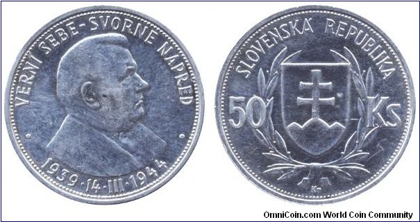 Slovakia, 50 koruns, 1944, Ag, 5th Anniversary of Independance, Dr. Joseph Tiso.                                                                                                                                                                                                                                                                                                                                                                                                                                    