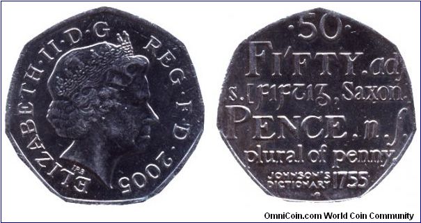 United Kingdom, 50 pence, 2005, 50 pence Johnson's Dictionary 1755, Queen Elizabeth II.                                                                                                                                                                                                                                                                                                                                                                                                                             