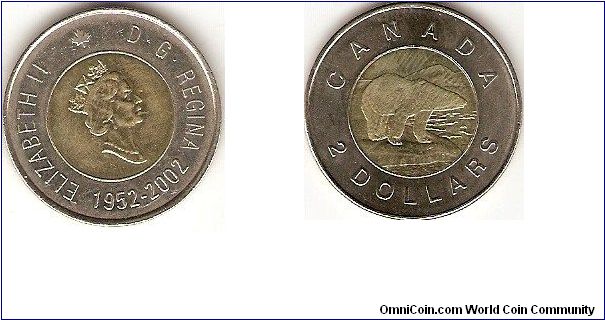 2 dollars
Elizabeth II
effigy by Dora de Pedery-Hunt
golden jubilee 1952-2002
