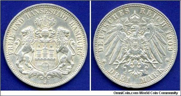 3 Mark.
Free und Hansestadt Hamburg.
German empire.
(J) Hamburg mint.


Ag900f. 16,66gr.