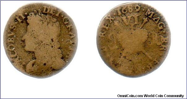 1689 6 pence - Gunmoney James II issued coins that were normally made of silver in base metals (often scrap from old cannons, etc. - hence the term gunmoney), promising to redeem them later for silver.