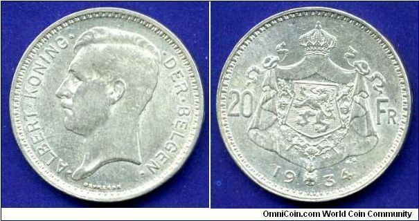 20 Franks.
Albert I (1909-1934) Koning Der Belgen.


Ag680f. 11gr.