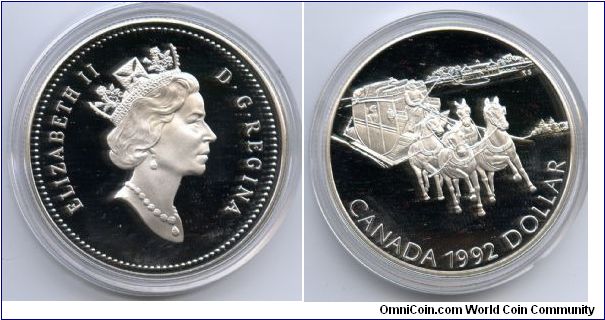Silver Dollar.
Celebrates the beginning of stagecoach service between York (now Toronto) and Kingston in 1817.