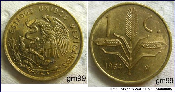 CENTAVO, BRASS. OBVERSE: NATIONAL ARMS, EAGLE LEFT.REVERSE: OAK SPRIGS, 1C. DATE