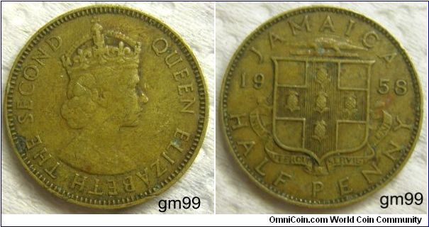 QUEEN ELIZABETH II, JAMAICA, HALF PENNY, Date: 1958