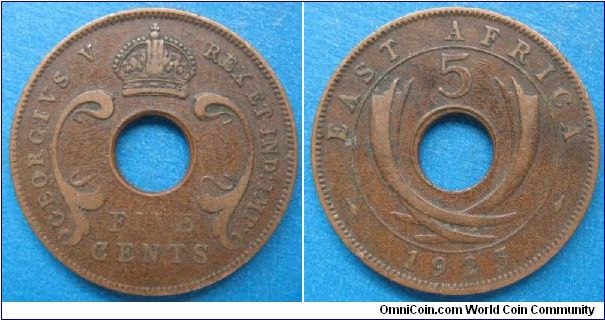 British East Africa (the Kenya Colony), 5 cents, Cu, holed, reverse features elephant tusks.