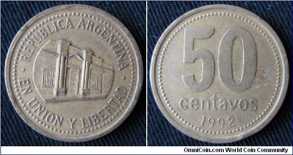 Republica Argentina, 50 centavos.  Obverse is Casa de la Independencia, Tucuman province.