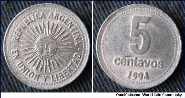 Republica Argentina, 5 centavos.  Obverse features 'Sun of May'.