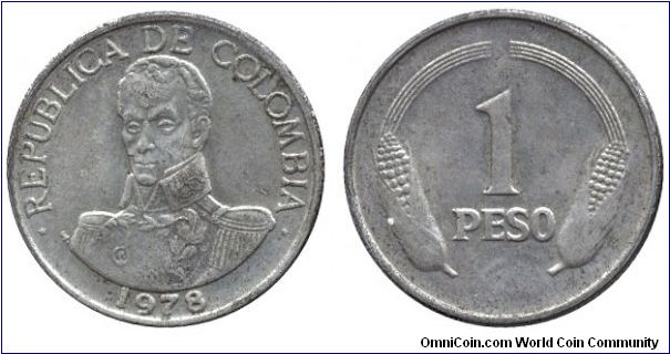 Colombia, 1 peso, 1978, Cu-Ni, Simon Bolivar.                                                                                                                                                                                                                                                                                                                                                                                                                                                                       