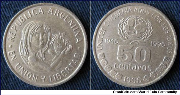 Republica Argentina, 50 centavos, 50 year commemorative of UNICEF.
