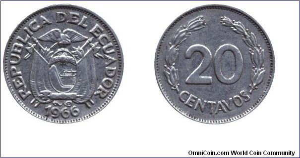 Ecuador, 20 centavos, 1966, Ni-Steel.                                                                                                                                                                                                                                                                                                                                                                                                                                                                               