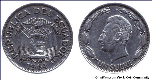 Ecuador, 1 sucre, 1964, Ni-Steel, Antonio Jose de Sucre.                                                                                                                                                                                                                                                                                                                                                                                                                                                            