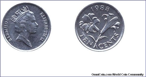 Bermuda, 10 cents, 1988, Cu-Ni, Bermuda Lily, Queen Elizabeth II.                                                                                                                                                                                                                                                                                                                                                                                                                                                   