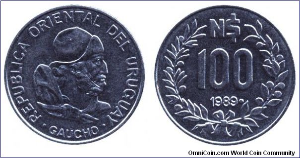 Uruguay, 100 new pesos, 1989, Steel, Gaucho.                                                                                                                                                                                                                                                                                                                                                                                                                                                                        