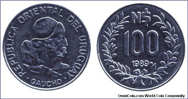 Uruguay, 100 new pesos, 1989, Steel, Gaucho.                                                                                                                                                                                                                                                                                                                                                                                                                                                                        