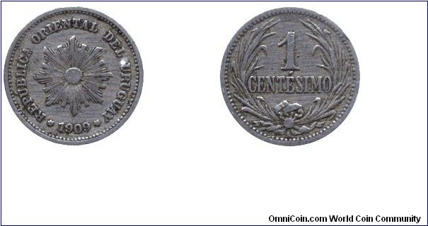 Uruguay, 1 centesimo, 1909, Cu-Ni.                                                                                                                                                                                                                                                                                                                                                                                                                                                                                  