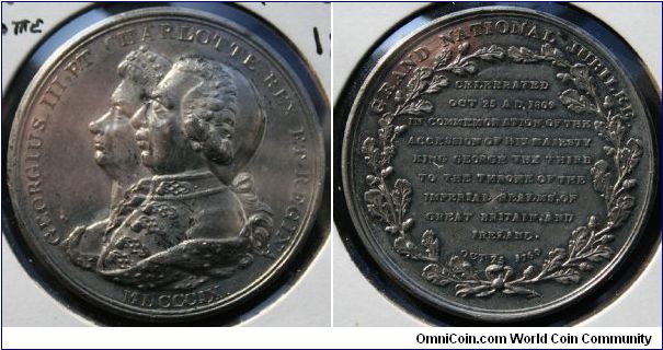George III & Queen Charlotte.  Grand National Jubilee Oct. 25th 1809.  WM.39mm  BHM#643