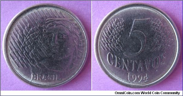 5 centavos, stainless steel, obverse is effigy of the republic.