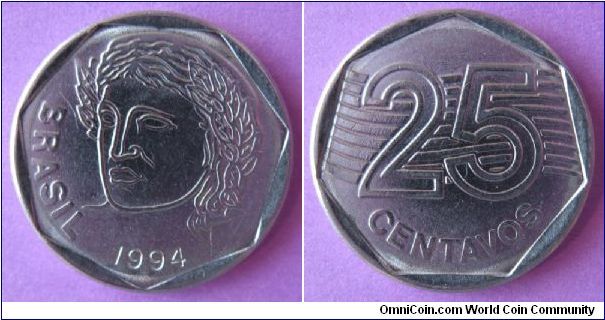 25 centavos, stainless steel, obverse is effigy of the republic.