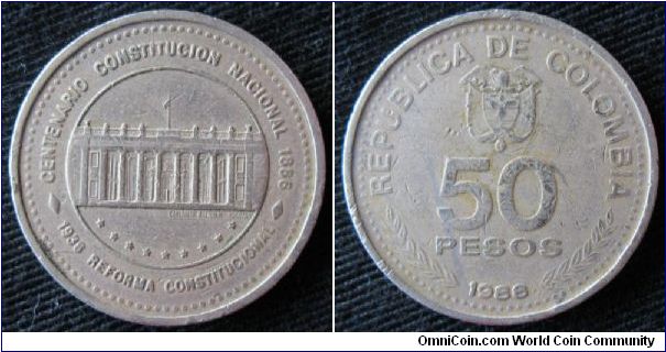 50 pesos.  Obverse is capitol building, Bogota, centennial of the 1936 Constitutional reform.