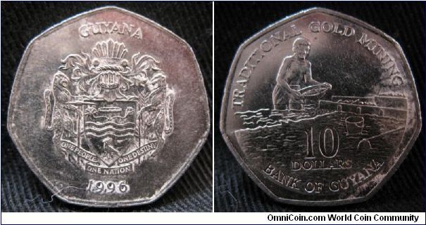 10 dollars, obverse coat of arms, reverse depicts itinerant gold miner or 'porknocker'.  Heptagonal.