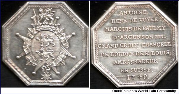 19th century restrike of a 1749 jeton minted for Antoine de Voyer, the french Ambassador to Switzerland at that time. The jeton has been struck using the original dies and is itself quite rare. A die break is evidenced at the date (reverse)
