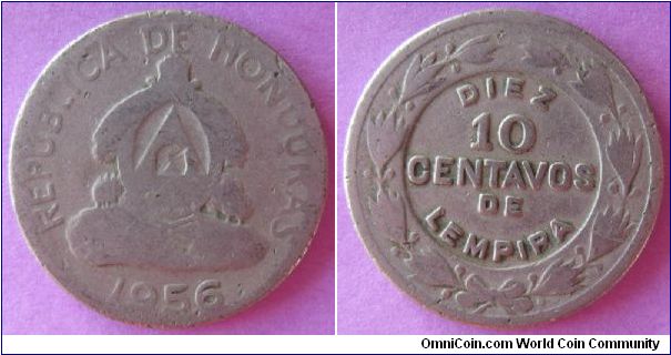 10 centavos.  Obverse is Honduran coat of arms.  Pulled from circulation in Tegucigalpa.
