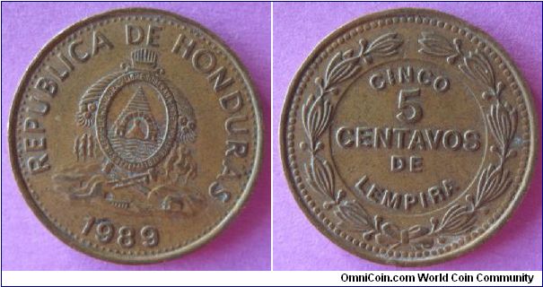 5 centavos.  Obverse is Honduran coat of arms.