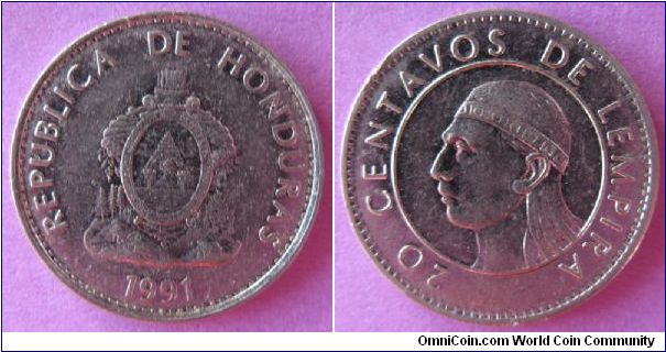 20 centavos.  Obverse is Honduran coat of arms, reverse bust of Chief Lempira, leader of the Lencas.
