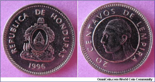 20 centavos.  Obverse is Honduran coat of arms, reverse is bust of Chief Lempira, leader of the Lenca people.