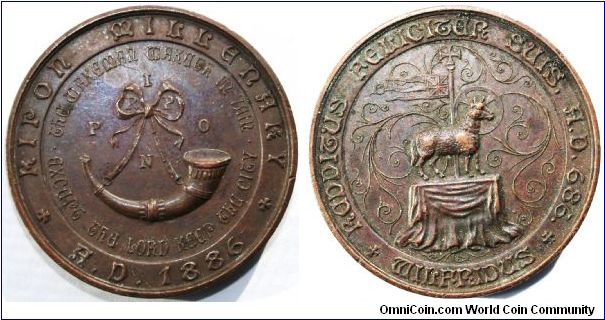 Ripon Millenary Festival:  
Bronze medal. 37mm 1886. To commemorate the 1000th anniversary of the first Royal Charter granted to Ripon (North Yorkshire, England) by King Alfred the Great in 886 A.D.