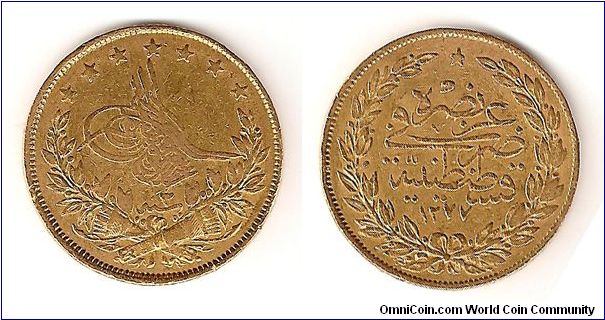 Ottoman Gold Lira (100 Korsh)from the reign Sultan Abdulaziz