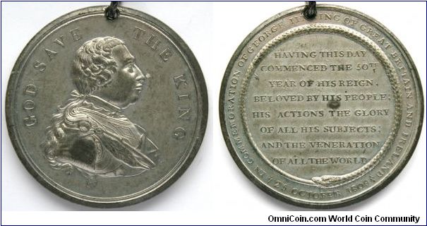 50th Anniversary medal of King George III, 1809
This medal was produced by the London medallist Thomas Halliday and sold to commemorate the 50th year of the reign of George III. WM.48mm