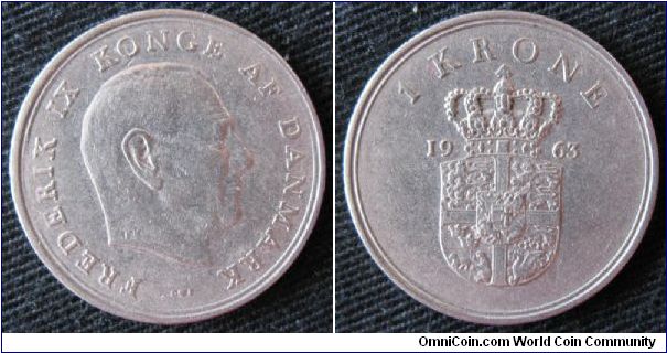 1 krone.  Obverse bust of Frederik IX, King of Denmark until 1972.