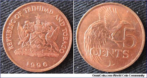 5 cents, obverse coat of arms, reverse perched bird of paradise.