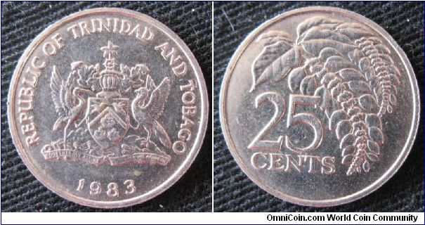 25 cents, obverse coat of arms, reverse chaconia flower (wild poinsettia).