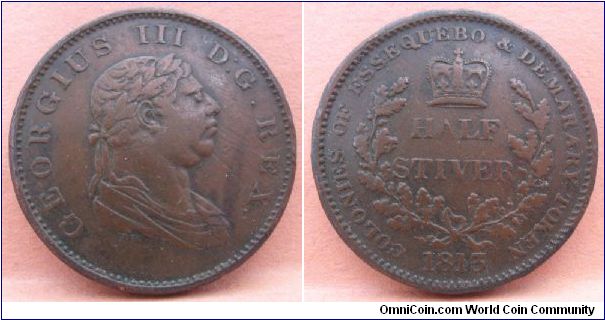 Colonies of Essequibo and Demarary token, half stiver, AE,  Obverse bust of King George III.